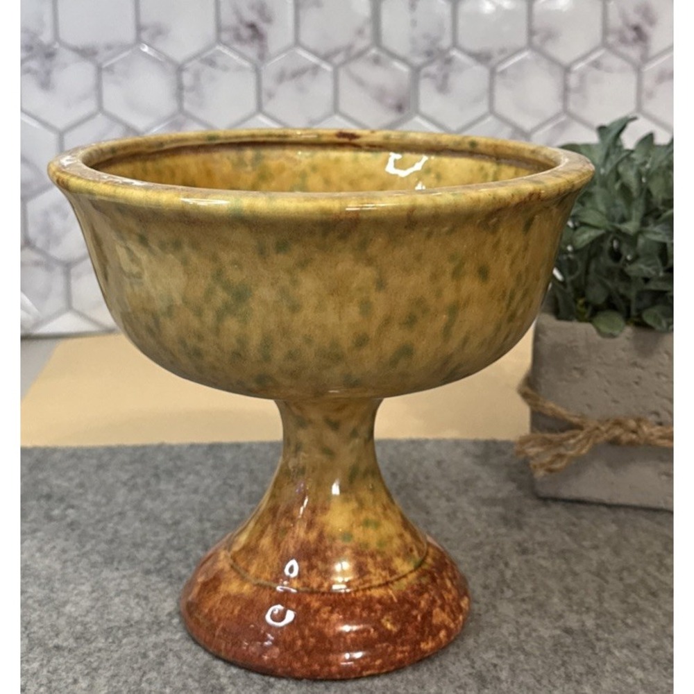 Vintage Haeger USA Gold Green Orange Drip Glaze Pedestal Compote Planter